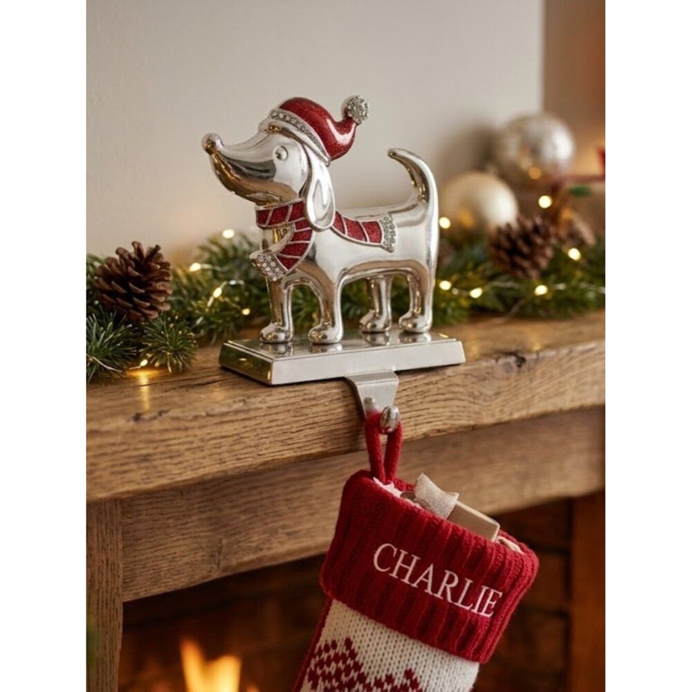 Glitzhome Silver Dachshund Dog Stocking Holder Santa Hat Rhinestone Scarf Mantel